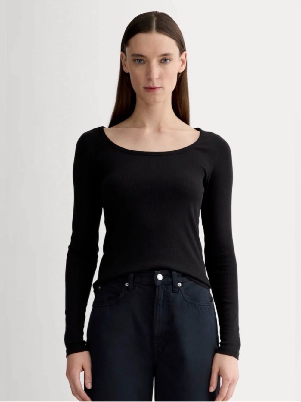 New Everlane THE LUXE RIB LONG-SLEEVE SCOOP-NECK TEE in Black Size L